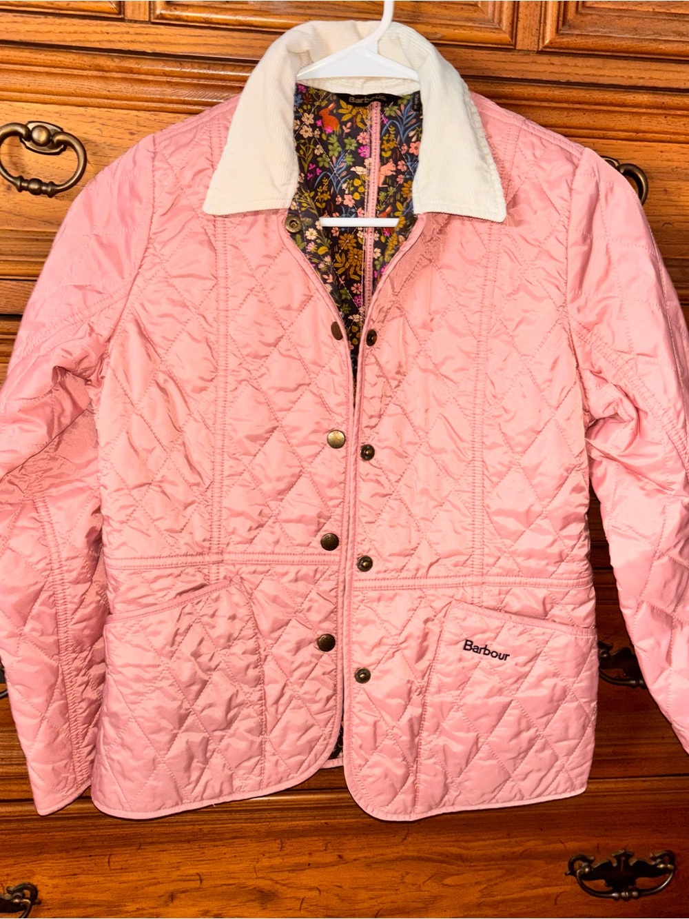 Barbour Girl L/10 Pink Quilted Jacket Corduroy Collar Floral lining Heritage